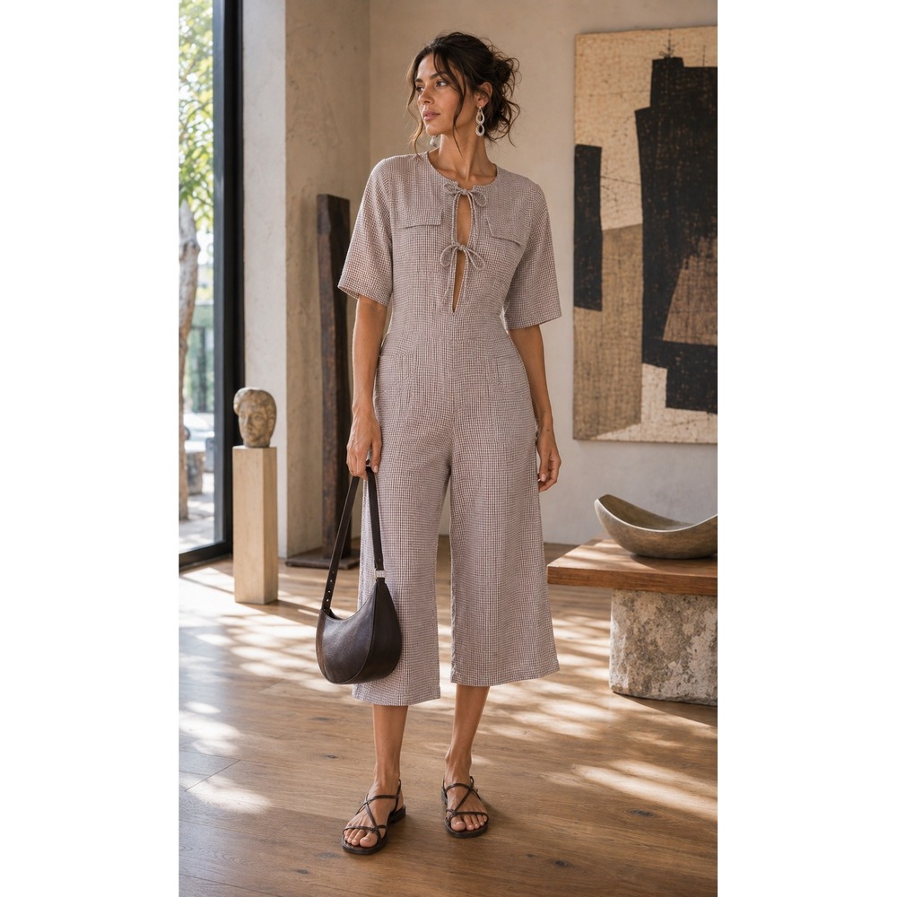 Paloma Wool Micro Check Tie Front Cropped Jumpsuit 34 US 0-2 Brown Minimalist